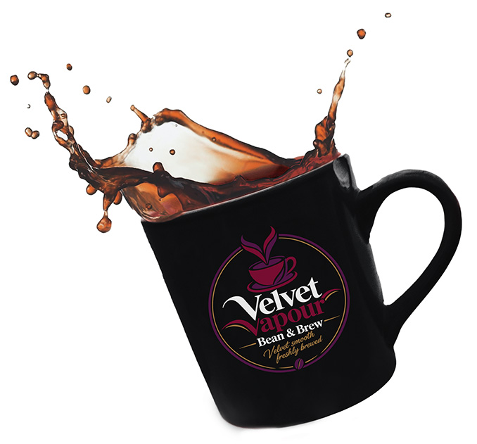velvet vapour bean and brew logo on a cup of coffee